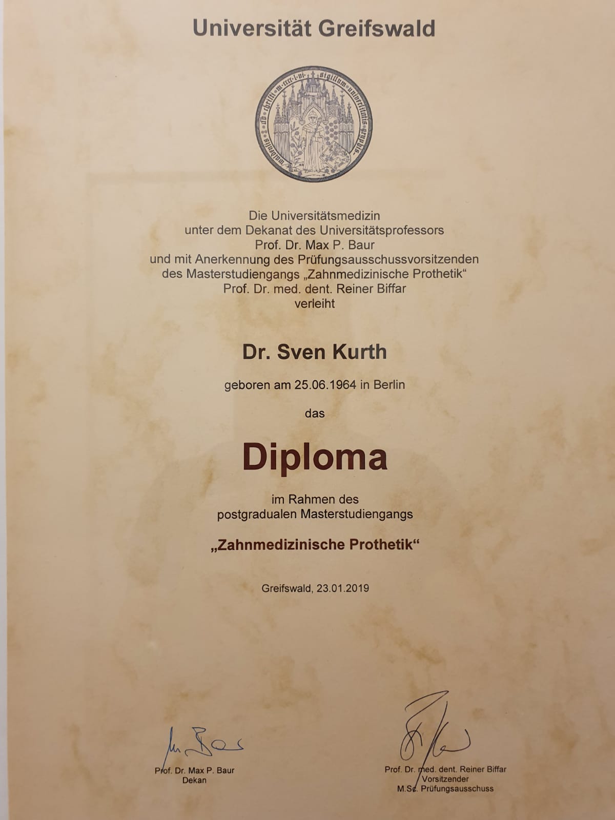 Diploma in Prothetik für Dr. Sven Kurth.