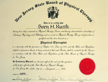 Zertifikat für phsyikalische Therapie von Dr. Sven Kurth.