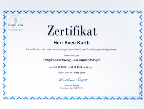 Zertifikat Implantologie Dr. Sven Kurth.