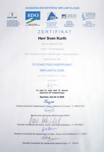 Zertifikat Dr. Sven Kurth, Tätigkeitsschwerpunkt Implantologie.