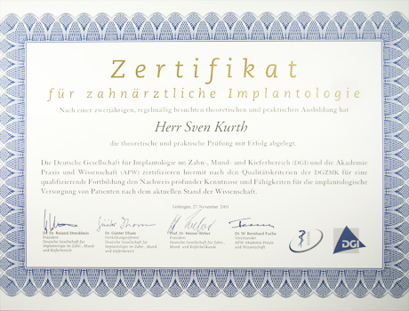 Zertifikat zahnärztliche Implantologie, Dr. Sven Kurth, Zahnarzt Berlin-Spandau.