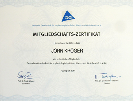 DGI Mitgliedschaftszertifikat von Dr. Jörn Kröger, Zahnarzt Berlin-Spandau.