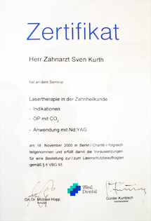 Zertifikat für Lasertherapie beim Zahnarzt für Dr. Sven Kurth.